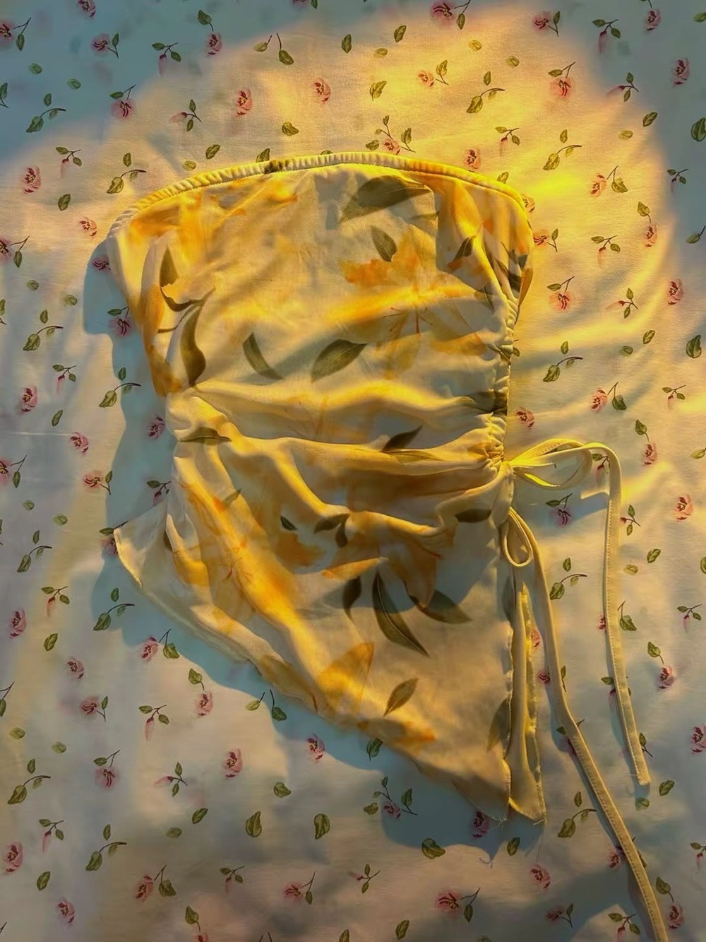 SHEIN Strapless Ruched Tube Top Yellow and Green Floral Print Size S